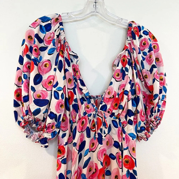 For Love & Lemons Colorful Floral Rose Print Romantic V Neck Ruffled Maxi Dress - Picture 6 of 13